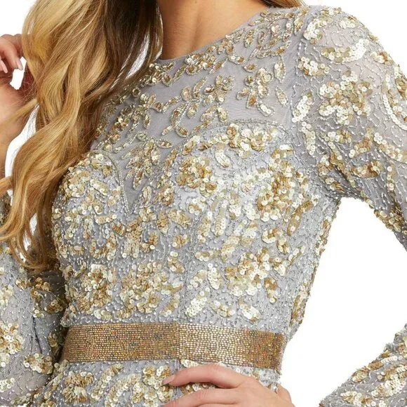 gold beaded long sleeve dress Gold Beaded Georgette Long Sleeve Fitted Midi Dress main image 1